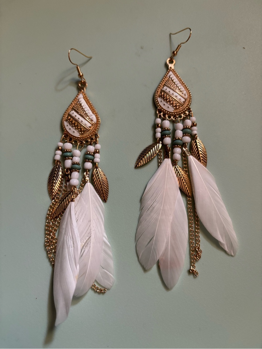 Boho White Feather & Gold Leaf Drop Earrings